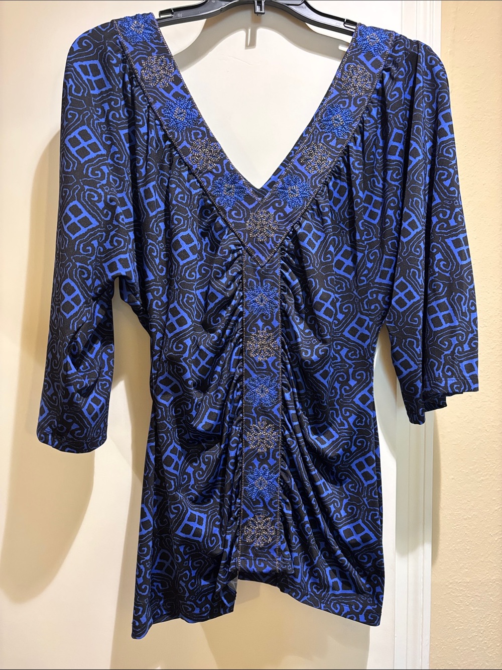 INC International Concepts Blue and Black V-Neck Draped Tunic